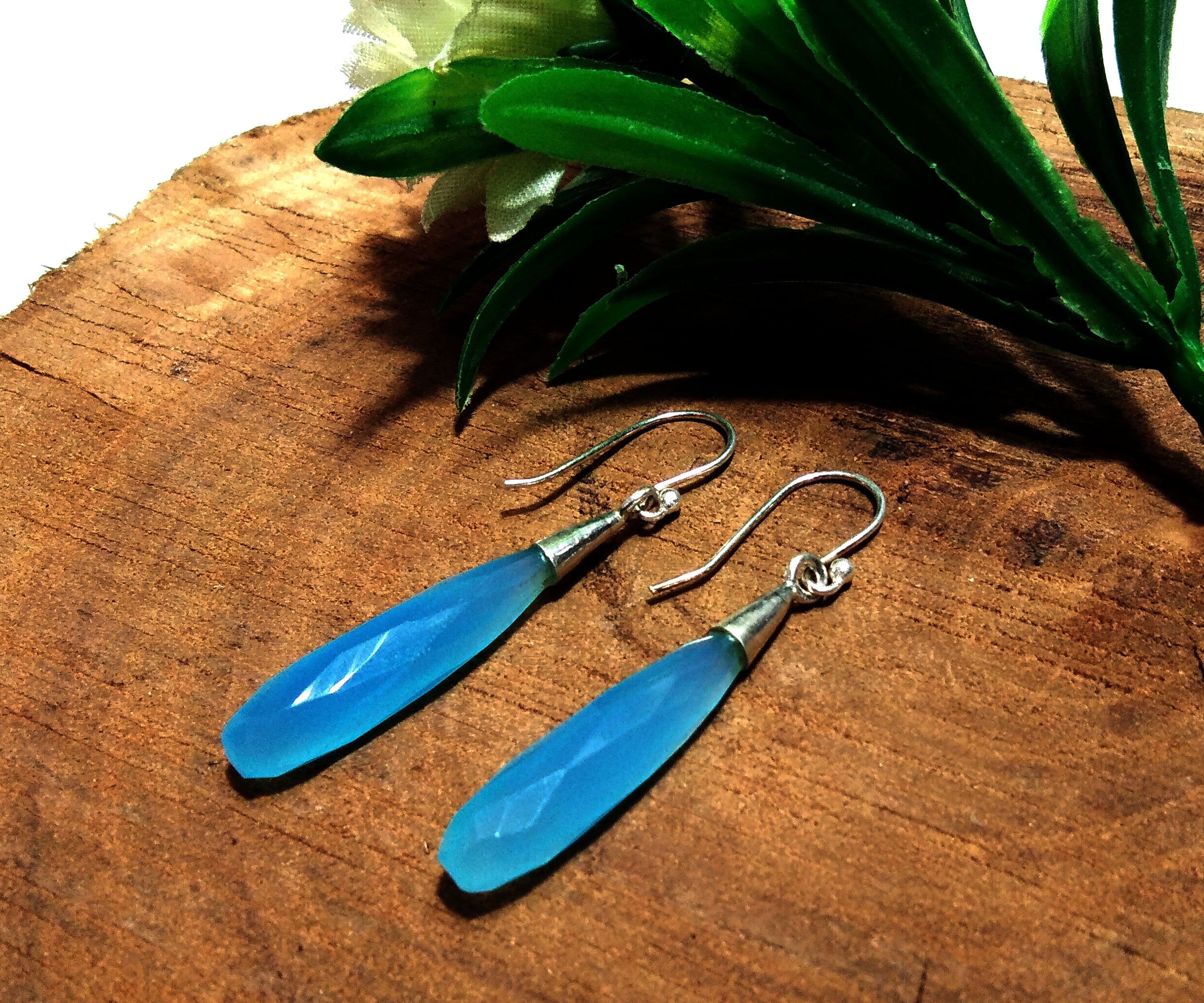 Beautiful Aqua Chalcedony Earring Gemstone, 925 Solid Starling Silver Earring Jewelry Stone Size 25x7 mm Natural Chalcedony For Gift Earring
